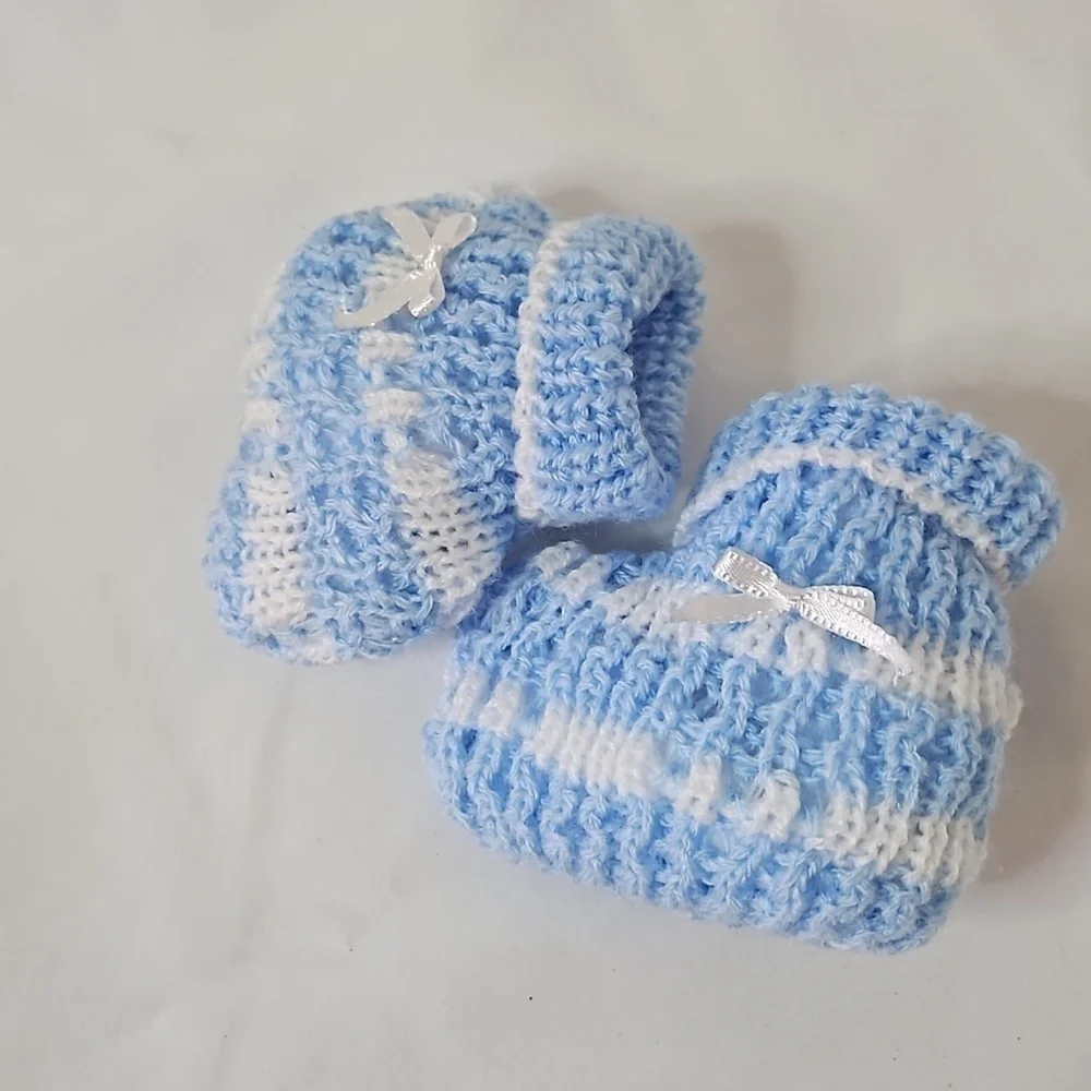 Hand Crafted Crochet Baby Shoes Baby Blue and white Tread & Handmade Bow Ribbon